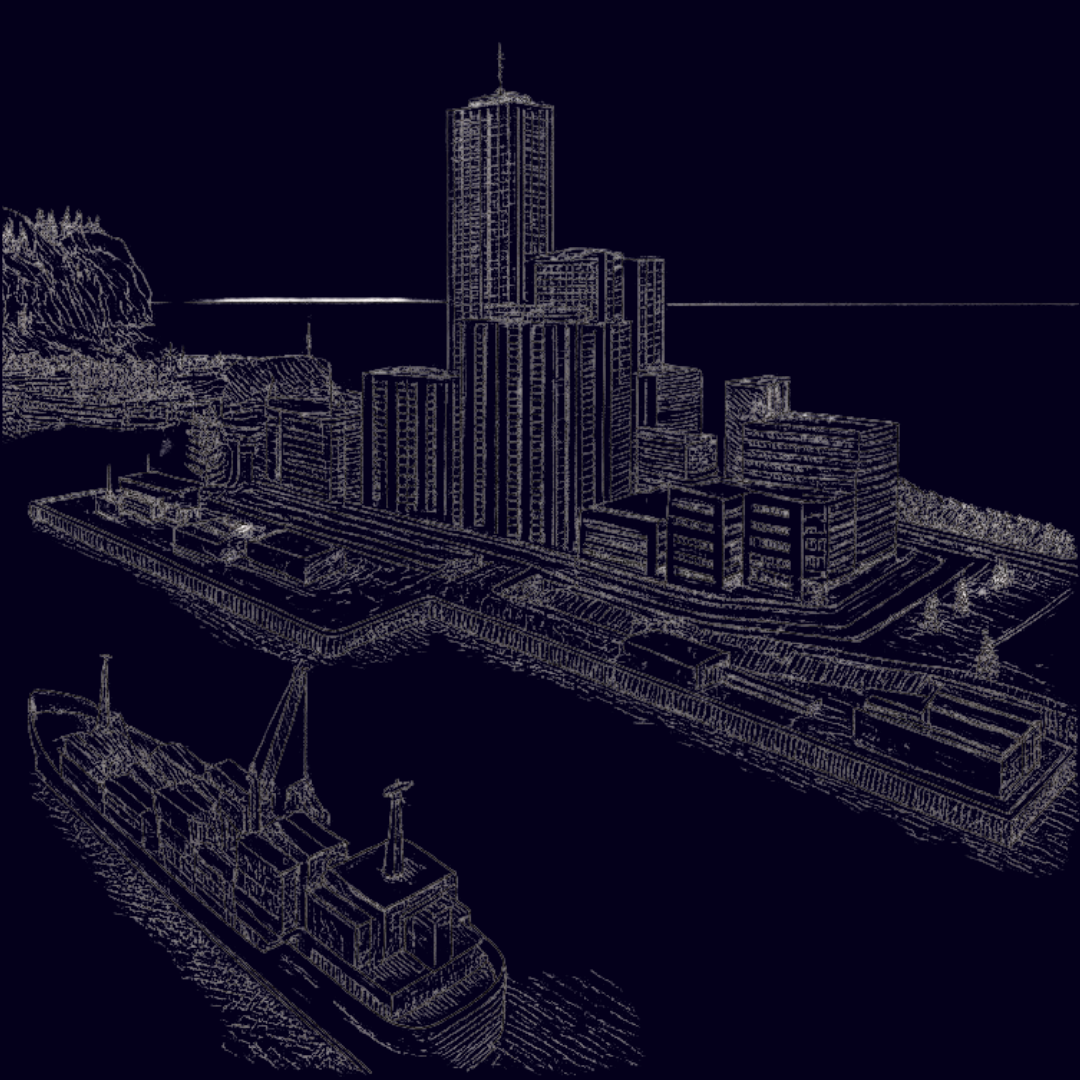 Skyline de Monoford - docks et Sunset Island